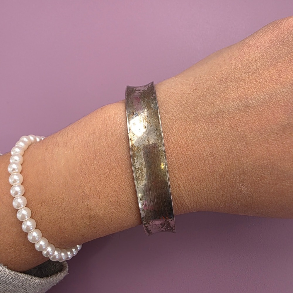 Vintage Distressed Silver Tone Wide Concave Cuff Bracelet Brushed Patina Minimal